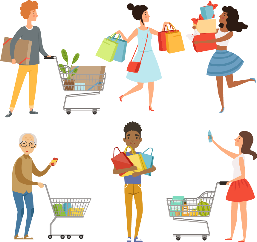 Cartoon illustration of people shopping